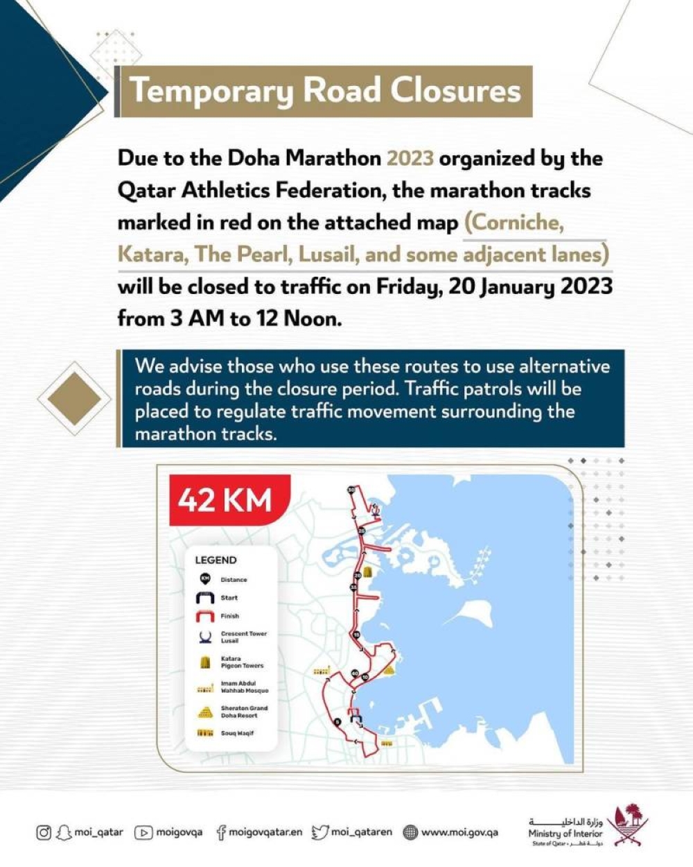 Roads closed until noon for marathon Gulf Times