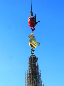 Golden rooster fitted to spire of Paris’s Notre-Dame cathedral