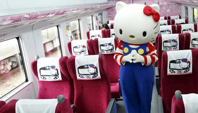 A performer dressed as a Hello Kitty poses inside a Taroko Express train