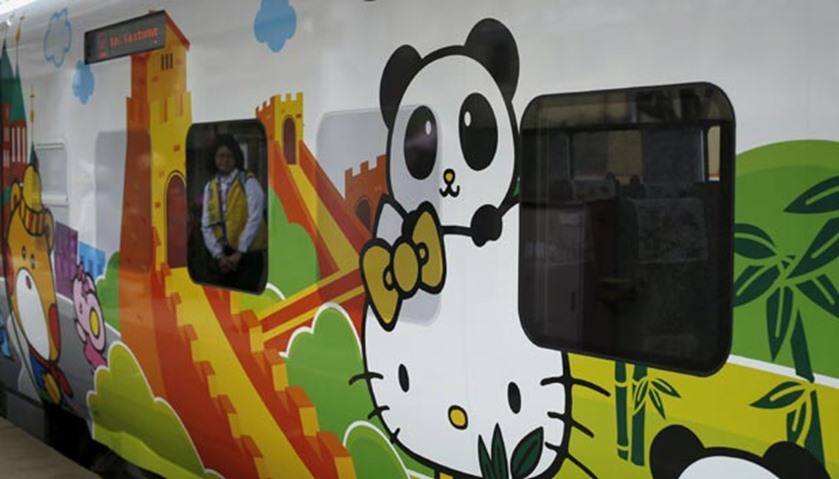 A Hello Kitty-themed Taroko Express train is seen in Taipei on Monday