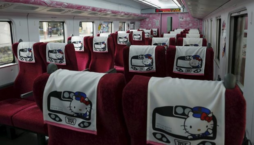 Hello Kitty headrest cover is seen inside a train in Taipei
