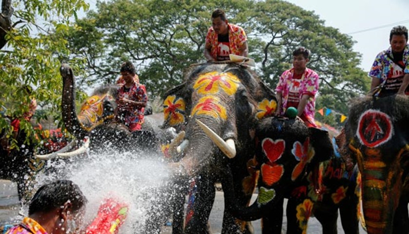 A man is splashed by elephants with water during celebrations in Ayutthaya province north of Bangkok