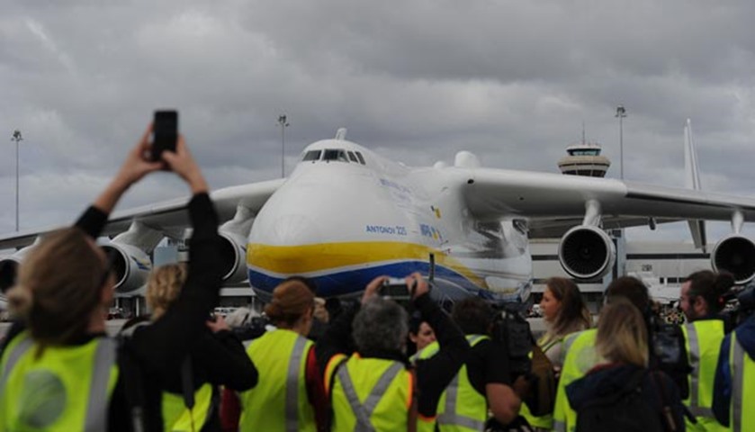 Members of the media take pictures in front of the world\'s largest aircraft in Perth on Sunday
