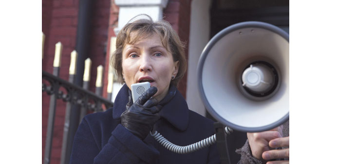 Marina Litvinenko, the widow of murdered KGB agent Alexander Litvinenko, speaks during a demonstration in support of Boris Nemtsov outside the Russian