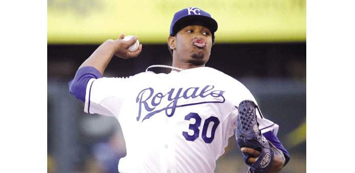 Kansas City Royals starting pitcher Yordano Ventura walks to the