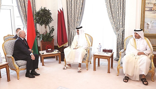 HH the Emir Sheikh Tamim bin Hamad al-Thani and Belarus President Alexander Lukashenko holding talks at the Emiri Diwan yesterday. HE the Prime Minister and Minister of Interior Sheikh Abdullah bin Nasser bin Khalifa al-Thani attended the talks.