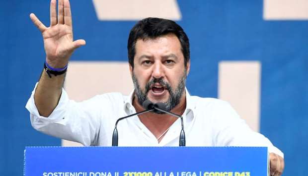 League party leader Matteo Salvini gestures as he gives a speech during a rally in Pontida, Italy on September 15