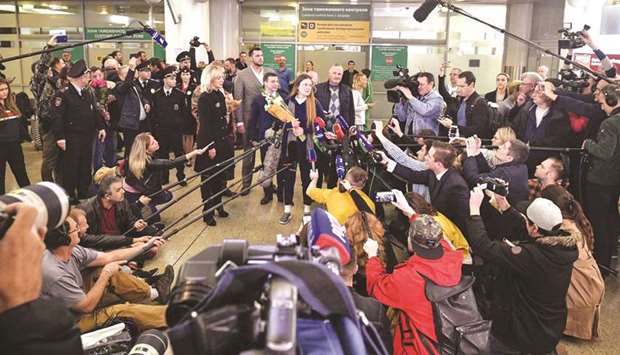 Butina speaks to the press upon arrival at Moscowu2019s Sheremetyevo airport yesterday, a day after her release from a US prison.