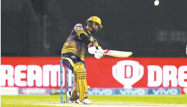 Sunil Narine of KKR plays a shot during the eliminator match of the IPL against RCB in Sharjah yesterday. (Sportzpics for IPL)