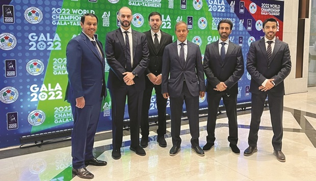 Qatar delegation, headed by Chairman of the Sports Committee of the 2023 World Judo Championships Eid al-Muraikhi, at the 2022 Worlds in Tashkent, Uzbekistan.