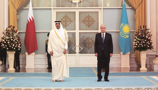 His Highness the Amir Sheikh Tamim bin Hamad al-Thani and President of the Republic of Kazakhstan Kassym-Jomart Tokayev in Astana on Wednesday