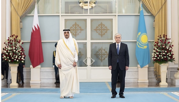 His Highness the Amir Sheikh Tamim bin Hamad al-Thani being accorded an official reception ceremony at 'Ak Orda', the Presidential Palace, in Astana, the capital of Kazakhstan.