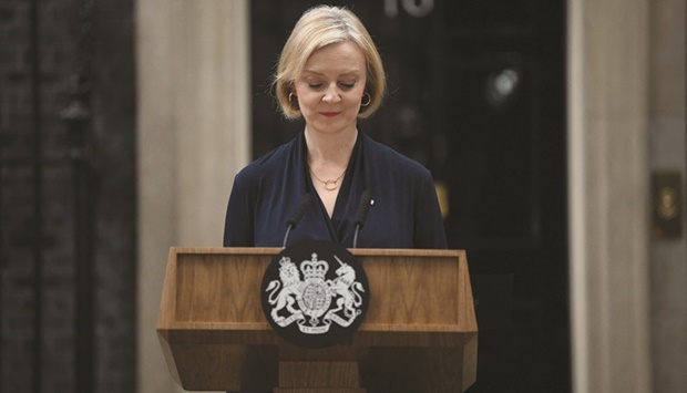Britainu2019s Prime Minister Liz Truss delivers a speech outside of 10 Downing Street in central London on October 20, 2022 to announce her resignation.