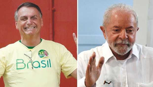 Brazilian President and re-election candidate Jair Bolsonaro flashes the u2018victoryu2019 sign as he votes at a polling station in Rio de Janeiro yesterday. Right: The former president (2003-2010) and candidate for the leftist Workers Party (PT) Luiz Inacio Lula da Silva gestures after casting his vote at a polling station in Sao Paulo. (AFP)