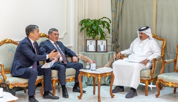 Qatar Chamber first vice chairman Mohamed bin Towar al-Kuwari receiving Kazakhstanu2019s first deputy governor of Zhambyl Region Nurzhan Kalenderov, and Abilkairov Daulet, the chairman of the board of Social-Entrepreneurial Business Corporations.