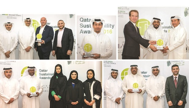 Top left photo: Gulf Contracting Company won u2018QGBC Special Awardu2019.  Top middle photo: ASTAD Project Management won u2018Green Government Buildingu2019 award for National Museum of Qatar project.  Top right photo: Msheireb Properties won u2018Green Government Buildingu2019 award for the National Archive project.  Bottom left photo: Kahramaa won u2018Government Initiativeu2019 award for Kahramaa Awareness Park.  Bottom right photo: Qatar Charity won u2018NGO Sustainability Initiativeu2019 award for TAYF in-kind Donations Programme.