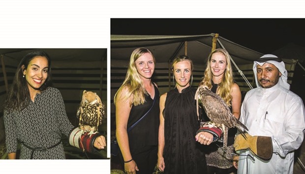 Left photo: Brazilian golfer Victoria Lovelady with a falcon at the welcome party.   Right photo: Finland golfers Noora Tamminen, Elina Nummenpaa and Linda Henriksson with a falcon during a welcome party at the Intercontinental Hotel in Doha on Monday.