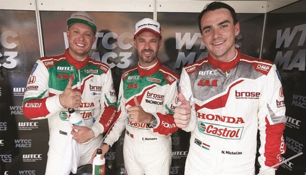 Castrol Honda World Touring Car Team drivers Rob Huff (left), Tiago Monteiro (centre) and Norbert Michelisz.