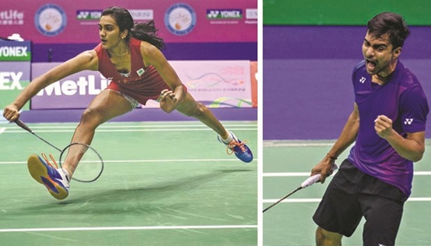 Indiau2019s PV Sindhu hits a shot against Hong Kongu2019s Cheung Ngan Yi during their semi-final at the Hong Kong Open badminton tournament in Hong Kong yesterday.  Right: Indiau2019s Sameer Verma celebrates victory against Denmarku2019s Jan O Jorgensen in their semi-final at the Hong Kong Open yesterday. (AFP)