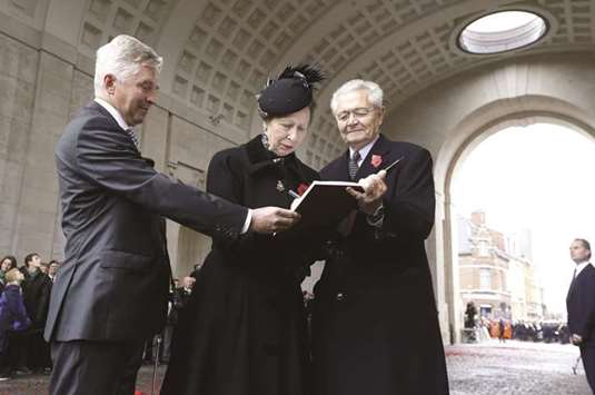 Britainu2019s Princess Anne attends the Last Post ceremony at the Commonwealth War Graves Commission of the Ypres Memorial at the Menenpoort (Menin Gate) in Ieper-Ypres, Belgium, as part of the Armistice Day commemorations yesterday.