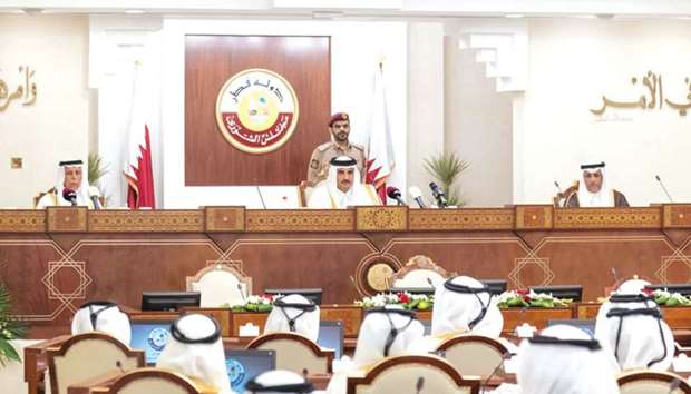 His Highness the Amir Sheikh Tamim bin Hamad al-Thani addressing the 47th ordinary session of the Advisory Council yesterday.