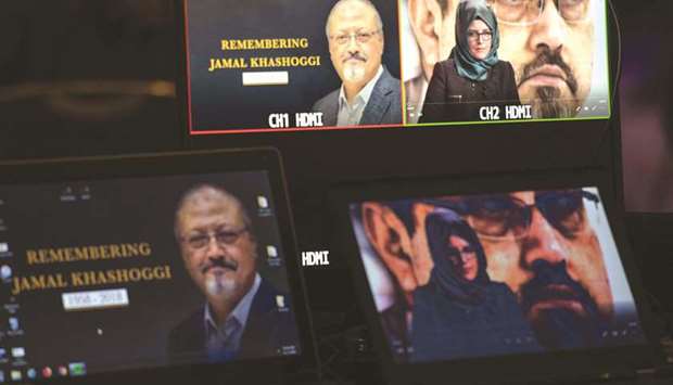 In this file photo taken on November 2, Hatice Cengiz, the fiancee of the late Jamal Khashoggi, delivers a prerecorded message (upper right) during a remembrance ceremony for the Washington Post journalist in Washington, DC. Khashoggiu2019s sons have asked Saudi authorities to return the body of their father so the family can properly grieve, they told CNN in an interview aired on Sunday.