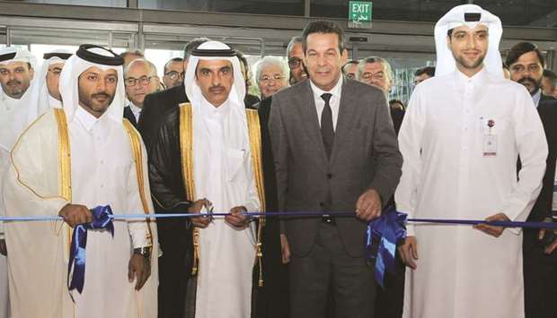 Katara Hospitality chairman Sheikh Nawaf bin Jassim bin Jabor al-Thani cuts the ribbon to open Hospitality Qatar 2018. Joining him are (from left) Al Sraiya Holding Group chief operating officer Ahmad Nasser Sraiya al-Kaabi, Algeriau2019s Minister of Trade Said Djellab, and National Tourism Council Exhibitions director Ahmed al-Obaidli. PICTURE: Nasar T K