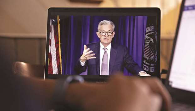 Jerome Powell, chairman of the US Federal Reserve, speaks during a virtual news conference in Arlington, Virginia, on Thursday. Powell steered away from any discussion of politics, saying the economy u2014 not the election u2014 was the focus of the two-day meeting of the Fedu2019s policy-setting Federal Open Market Committee.