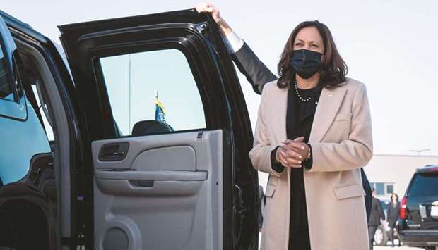 US Vice President Kamala Harris speaks with reporters after arriving at Paris-Orly Airport in Orly yesterday. (Reuters)