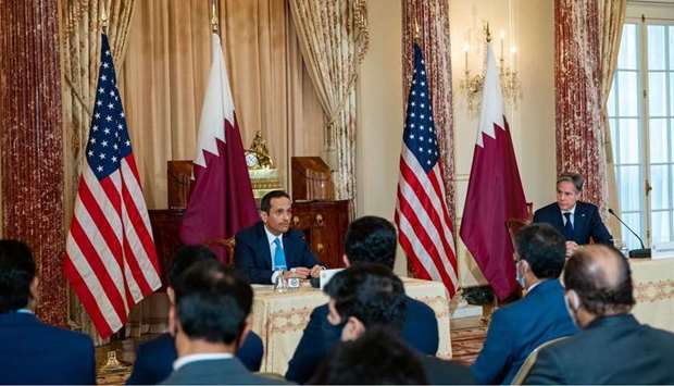 HE the Deputy Prime Minister and Minister of Foreign Affairs Sheikh Mohamed bin Abdulrahman al-Thani and Secretary of State Antony Blinken attend a press meet