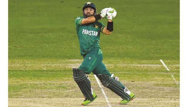 Pakistanu2019s Mohamed Rizwan plays a shot during the ICC Twenty20 World Cup semi-final against Australia in Dubai on Thursday. (AFP)