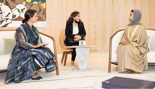 Her Highness Sheikha Moza bint Nasser meets with Michelle Bolsonaro, wife of the Brazilian president.  PICTURE: Aisha al-Musallam 