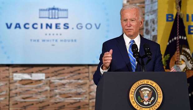 (File photo) US President Joe Biden speaks at a press conference after touring the Clayco construction site in Elk Grove Village, Illinois, U.S., Oct. 7, 2021. (AFP)