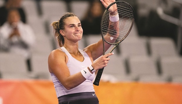 Aryna Sabalenka of Belraus reacts after winning her match against Ons Jabeur of Tunisia on day one of the WTA Finals at Dickies Arena, Forth Worth, Texas. (USA TODAY Sports)