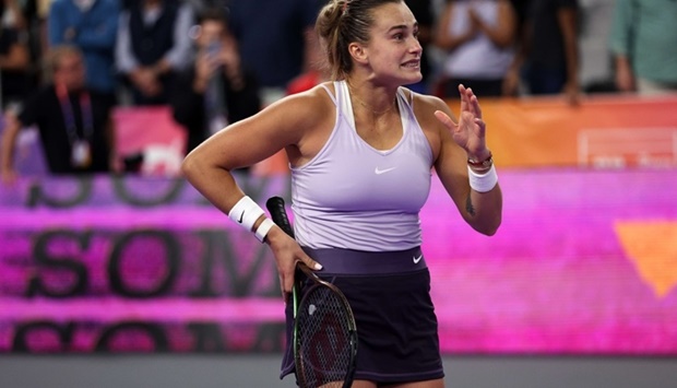 Sabalenka of Belarus celebrates after defeating Swiatek of Poland (AFP)