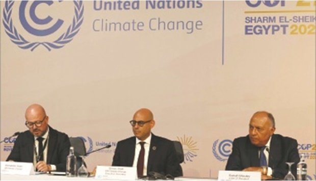 (L to R) UNu2019s climate change Communications Officer Alexander Saier, UNu2019s climate change executive secretary Simon Stiell, and COP27 President Sameh Shoukry listen to questions following the opening ceremony of the 2022 UN Climate Change Conference, more commonly known as COP27, at the Sharm el-Sheikh International Convention Centre, in Egyptu2019s Red Sea resort of the same name. (AFP)
