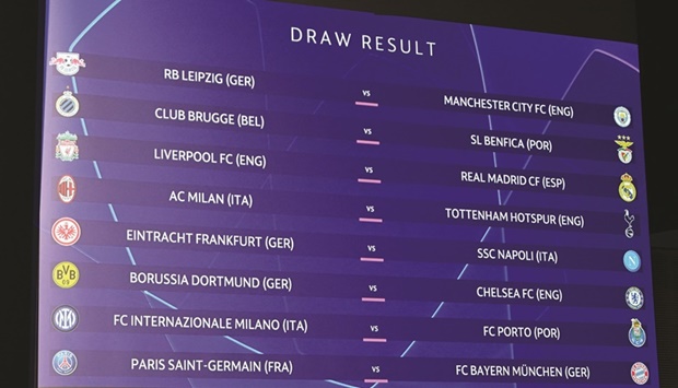 The draw for the Champions League last 16 matches is shown on the big screen after the draw ceremony in Nyon. (AFP)