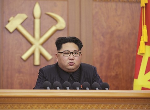 North Korean leader Kim Jong Un gives a New Yearu2019s address for 2016 in Pyongyang, in this undated photo released by Kyodo yesterday.