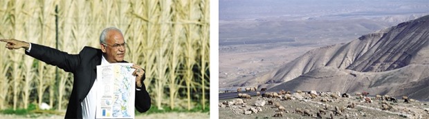 Palestinian chief negotiator and Secretary General of the PLO Saeb Erekat shows a map as he addresses journalists yesterday in Jericho during a visit to a site where Israel is moving to declare 150 hectares in the occupied West Bank as state land. Right: Sheep graze in Jordan Valley near the West Bank city of Jericho yesterday.