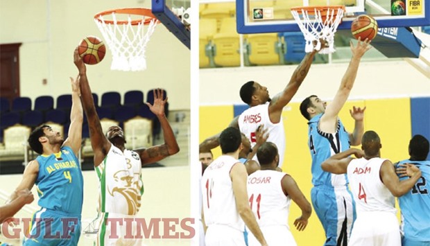 Action from the match between Al Gharafa (in blue) and Al Ahli in the Qatar Menu2019s Basketball League at Al Gharafa Sports Club  yesterday. Gharafa won the match 108-69. (Right) In the other match of the day, Al Shamal (in white) beat Al Wakrah 85-76. PICTURES: Mamdouh