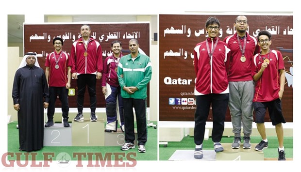 Winners of the menu2019s 10m air rifle (left) and junior 10m air rifle (right) celebrating on the podium at Qatar Cup Shooting Championship 2016.