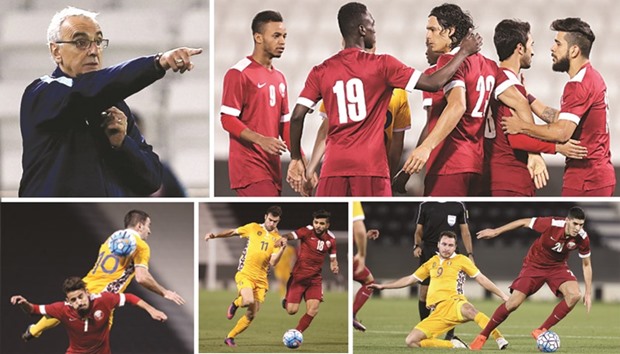 TOP LEFT PHOTO: Qatar coach Jorge Fossati gives instructions to his players during the friendly match against Moldova yesterday.    TOP RIGHT PHOTO: Qatar striker Sebastian Soria (third right) celebrates with teammates after scoring against Moldova in a friendly match at the Jassim Bin Hamad Stadium in Doha yesterday. PICTURES: Anas al-Samaraee