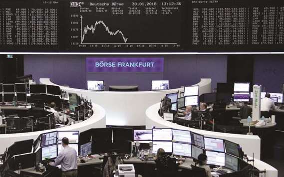 A view of the Frankfurt Stock Exchange. The DAX 30 gave up 1% at 13,197.71 yesterday.