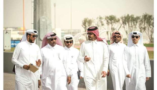 QOC president HE Sheikh Joaan bin Hamad al-Thani (third from right) makes an inspection visit to Khalifa International Stadium along with IAAF vice-president Dahlan al-Hamad (second from left), QOC secretary-general Jassim al-Buainain (right).