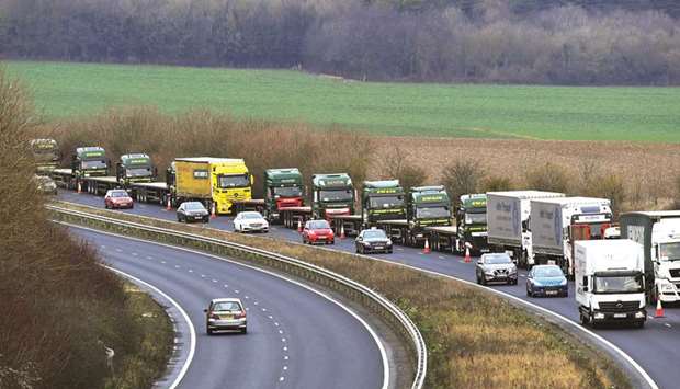 A line of lorries is seen in Kent yesterday during a trial between disused Manston Airport and the port of Dover of how the roads will cope in case of a u201cno-dealu201d Brexit.