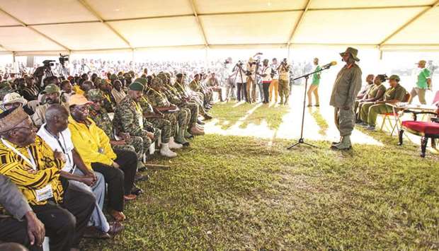 Ugandan President, Yoweri Museveni, speaks before the first day of a six-day trek covering a distance of 195km, called u201cAfrica Kwetuu201d (Africa our homeland) in Galamba, about 30km north of Kampala, yesterday.