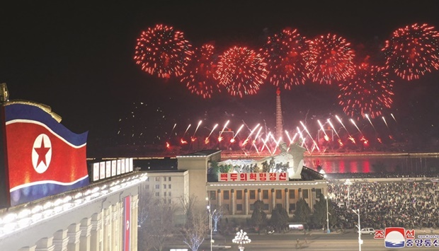 Fireworks at Kim Il Sung Square in Pyongyang at midnight to celebrate the New Year.