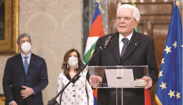 Italian President Sergio Mattarella gives a speech after being re-elected by lawmakers for a second term in Rome. (Reuters)