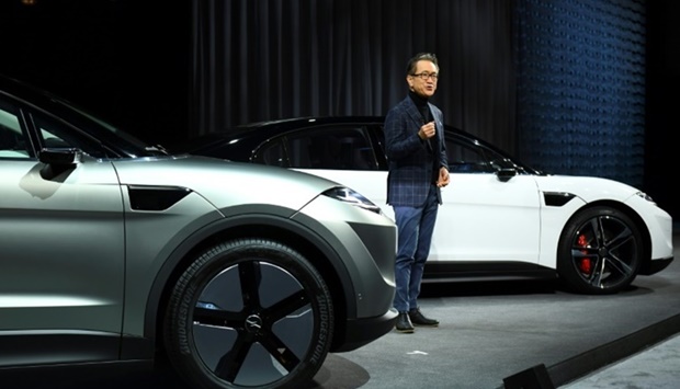 Sony chief executive officer Kenichiro Yoshida unveils the Sony Vision-S SUV prototype electric vehicle.