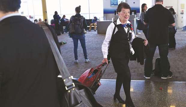 American Airlines longest serving flight attendant, Bette Nash, 81 years old, after disembarking from her daily return flight to Boston at Ronald Reagan Washington Airport in Arlington, Virginia.